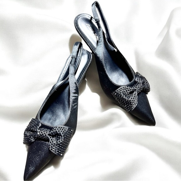Size 9………Black Satin Rhinestone Bow Buckle Heels.  PUBLIC DESIRE - Picture 5 of 8